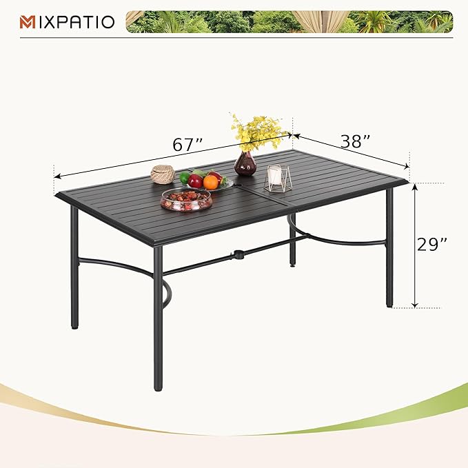 Outdoor Patio Dining Table for 6, 67" x 38" Rectangular Metal Patio Dining Table with Umbrella Hole for Garden, Backyard and Porch