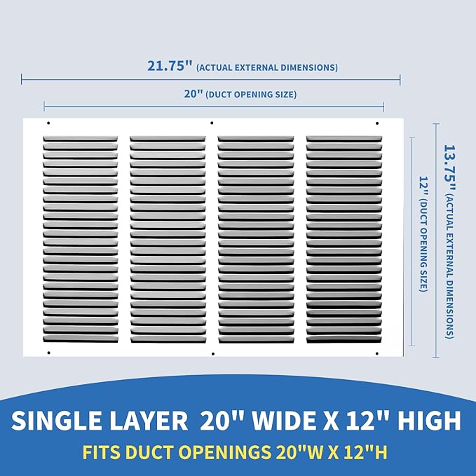 20x12 Return Air Grille (Duct Opening Size), Air Return Vent Cover, AC Vent Cover, Cold Air Return Vent Cover, Flat Return Air Grilles, Outer Dimensions:21.75"W x 13.75"H (20"W x 12"H, Duct Opening)