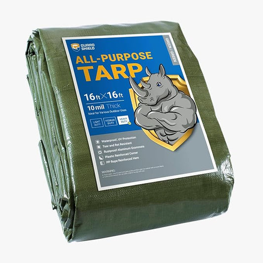 GUARD SHIELD Heavy Duty Tarp 16x16 Feet Green Multi Purpose Thick Waterproof Poly Tarp Cover 10mil