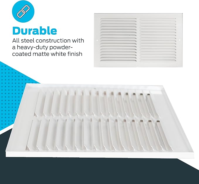 EZ-FLO 14 x 6 Inch (Duct Opening) Return Air Vent Cover for Wall or Ceiling, Solid Steel Return Air Grille, HVAC Vent Cover, White, 61628