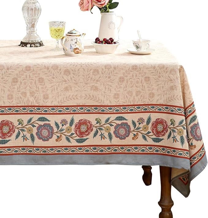 Beige Linen Long Rectangle Tablecloth,Vintage Indian Style Soft and Colorfast Floral Tablecloths,Decor Table Cover for Kitchen,Dining,Thanksgiving,Christmas,63"*94"-Flowershadow E