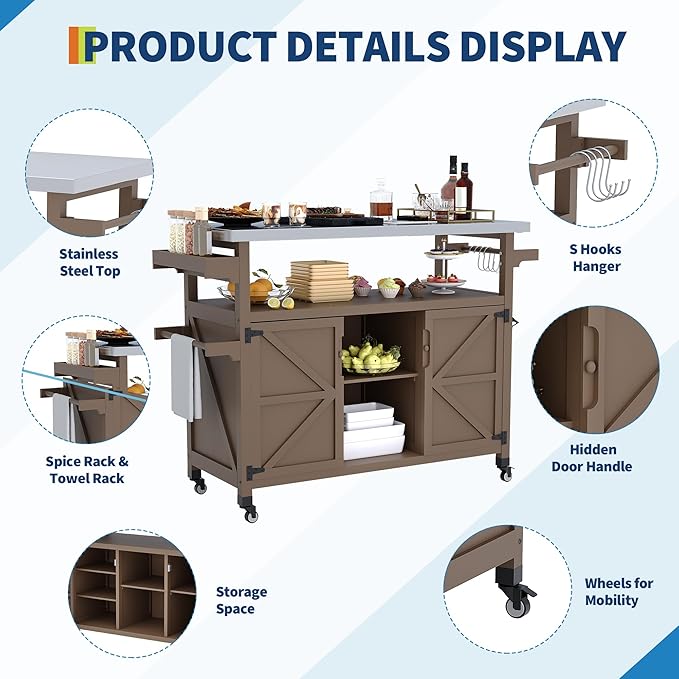 Garvee Outdoor Grill Cart with Storage, Outdoor Bar Cart Rolling BBQ Movable Pizza Oven Table Stand, Kitchen Island Carts with Stainless Steel Top, Spice Rack, Towel Rack & Storage Cabinet, Coffee