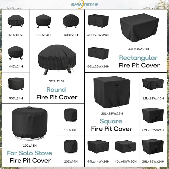 SHINESTAR Square Fire Pit Cover, Fits for 41-44 Inch Gas Fire Table, Waterproof and Windproof, 44 x 44 x 24 Inches, Black