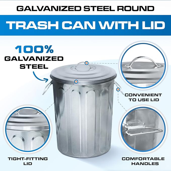 Plexon 5 Gallon Small Metal Trash Can with Lid Outdoor Galvanized Bucket with Lid 5 Gal Fireplace Ash Bucket for Wood Stove Storage Can for Dog Food Bird Seed Storage Container Rodent Pet Proof 6 Pack