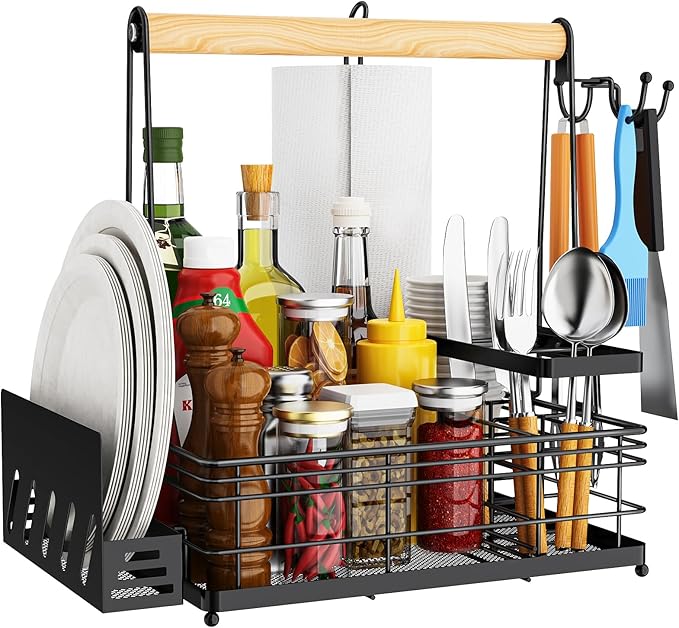 Grill Caddy, BBQ Caddy with Paper Towel Holder & Utensil Holder, Picnic Caddy Organizer for Outdoor Cooking, Camping Essentials, Tailgating, Camping Must-Have for Patio, RV, Camper