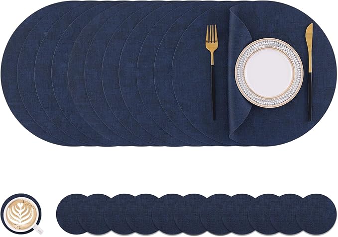 Homaxy Round Faux Leather Placemats and Coasters, Washable Dual-Side Table Mats, Wipeable Heat-Resistant Dining Place Mats for Outdoor and Indoor, Set of 12, Diameter 13 and 3.93 inch, Navy Blue