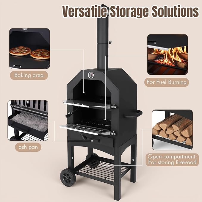 Outdoor Wood Fired Pizza Oven with Firewood Storage, Side Shelves, Cordierite Pizza Stone & Peel, 2 Cooking Grills, Thermometer, Portable Patio Pizza Maker for Backyard Parties and Camping