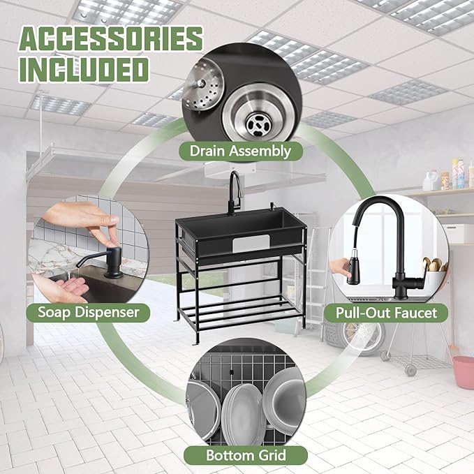 Black 33x19 Inch Freestanding Utility Sink-Stainless Steel Laundry Sink Practicality With Accessories Black Stainless Faucet,Soap Dispenser, SS Sink Grid For Laundry,Garage,Outdoor Kitchen,Garden...