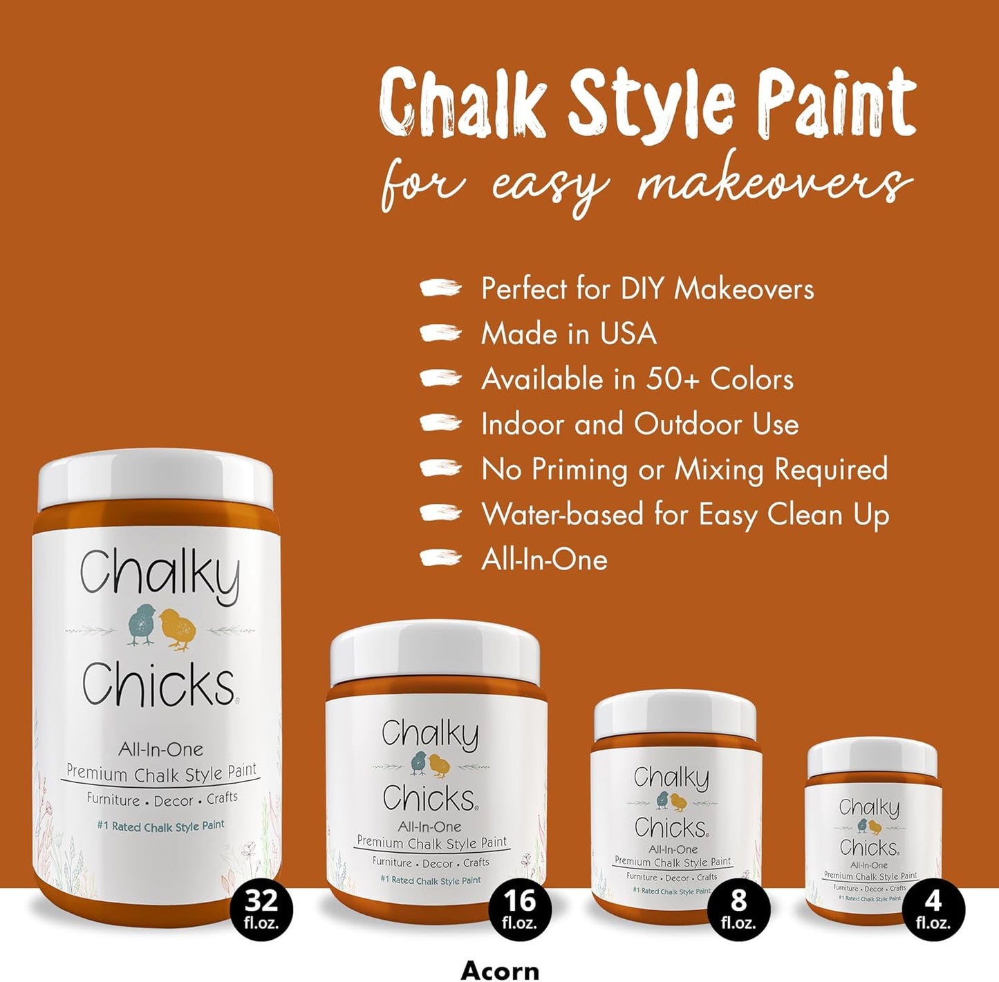 Chalky Chicks All-in-One Chalk Paint for Furniture or Cabinet - 32 Fl Oz - Matte Finish Acorn Orange for Metal, Wood Furniture Paint - No Sanding All-in-One for Home Decor & Crafts, USA Made