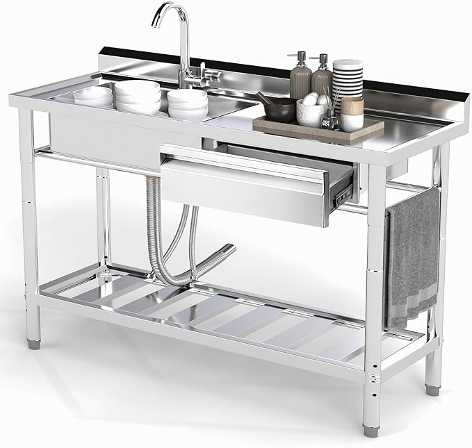 Stainless Steel Utility Sink, 47.2'' Free Standing Single Bowl Kitchen Sink with Cold and Hot Water Pipe, Right Drawer, Indoor and Outdoor for Laundry Room Farmhouse Kitchen(47.2 inch)