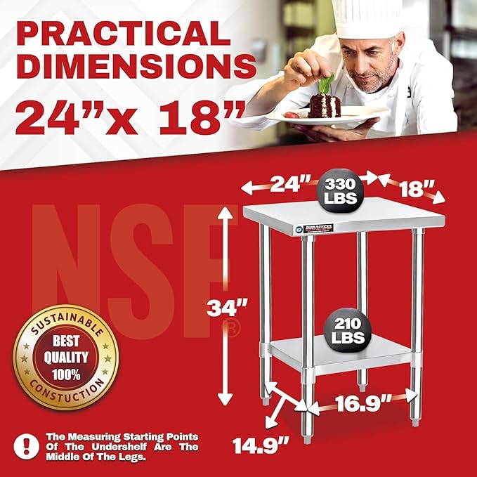 DuraSteel 24x18 Stainless Steel Work Table - NSF Commercial Prep Metal Table - Outdoor Pizza Oven Stand w/Under Shelf - Kitchen Island Laundry Utility Garage Microwave Stand Large Rolling Storage Cart