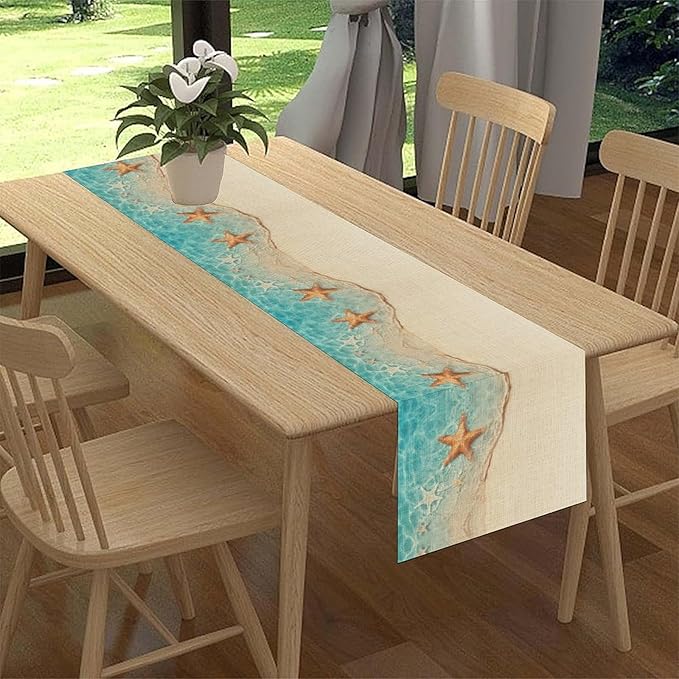Summer Ocean Starfish Table Runner, Tropical Coastal Blue Sandy Clear Sea Water Waves Coffee Table Center Deco, for Family Kitchen and Living Room Farmhouse Party Table Decorations, 13" X 72"