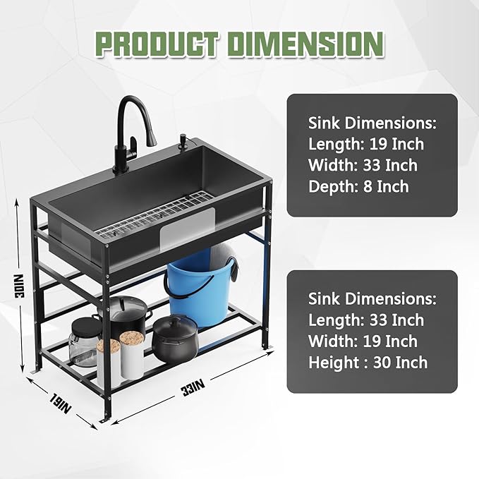Black 33x19 Inch Freestanding Utility Sink-Stainless Steel Laundry Sink Practicality With Accessories Black Stainless Faucet,Soap Dispenser, SS Sink Grid For Laundry,Garage,Outdoor Kitchen,Garden...