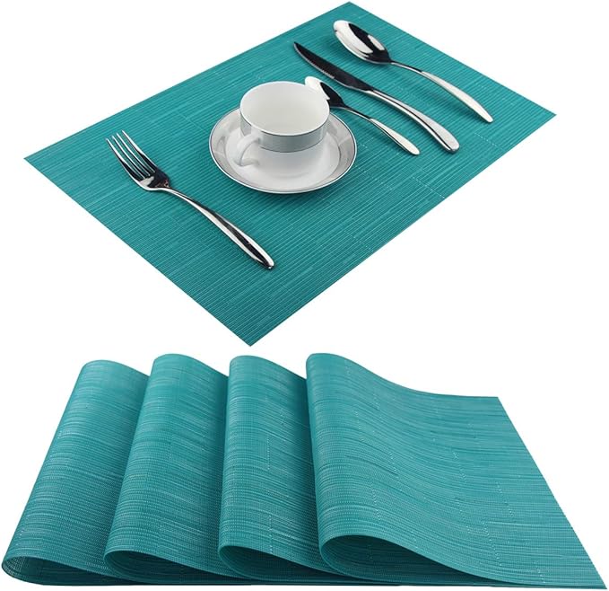 Vinyl Placemats,Washable Table Mats Easy to Clean Woven Placemats for Dining Table Set of 4(Cyan Blue)