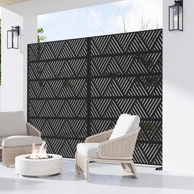 Casaphoria Metal Privacy Screen Outdoor, 72" H x 47" W Freestanding Decorative Privacy Screen for Patio Deck Balcony Garden with Stable Base, Triangular Black