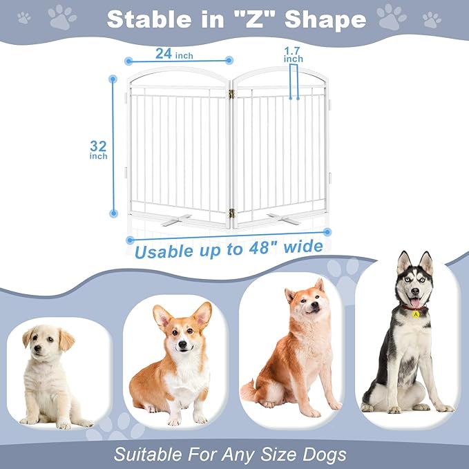 Full Metal Free Standing Dog Gate with Door for Indoor Outdoor, 48'' Extra Wide 32'' Tall Dog Gate for Doorways,Large Openings,Decks,Pet Puppy Freestanding Safety Fence(2 Panels,White)
