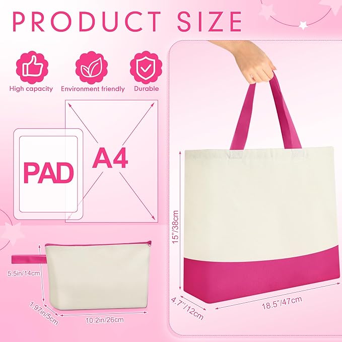 Sanwuta 24 Pcs Canvas Tote Bags Bulk with Zipper Cosmetic Bags 18.5" Cotton Canvas Bag with Handles Reusable Shopping Bags