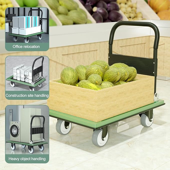 WUD Push Cart, Folding Mobile Platform Trolley,Thickened and Reinforced, 360° Swivel Wheels,30.3 “L x 19.7 ”W, 900 lb. Green Dolly cart with Wheels