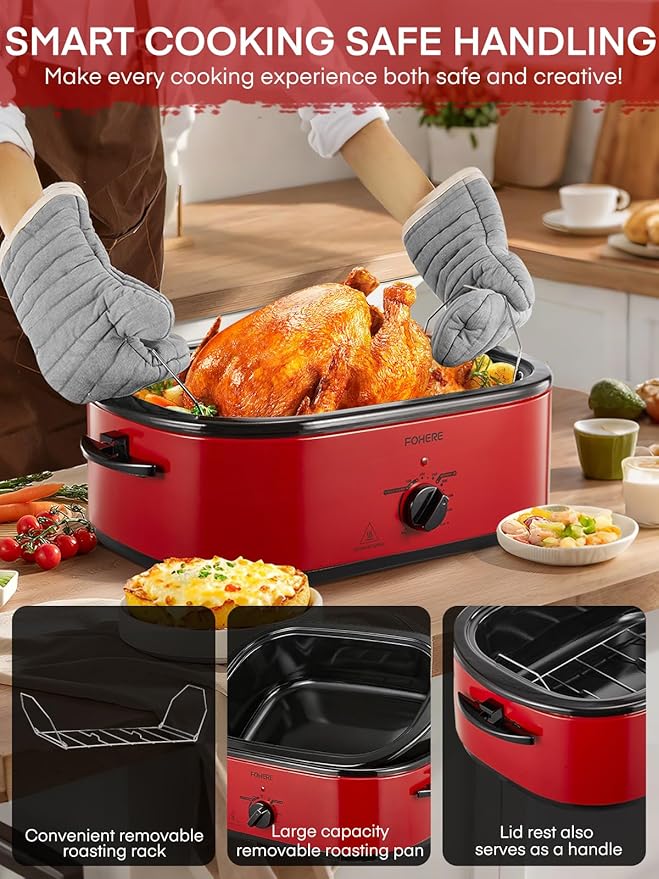 FOHERE 26QT Electric Roaster Oven with Visible & Self-Basting Lid, Large Turkey Roaster with Defrost & Warm Function, Adjustable Temperature Control, Removable Stainless Steel Pan & Rack, Red