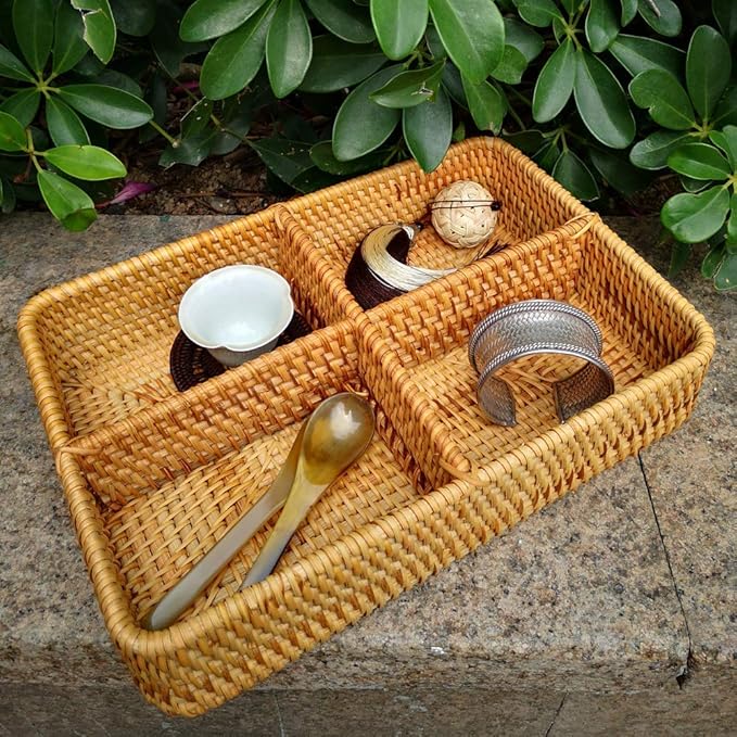i-Lan Rattan Basket Divider, 12 Inch Divided Tray with 3' Deep Wall, Decorative Wicker Serving Basket for Fruit, Snacks, Catch All Dish