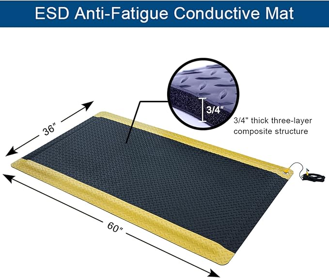 3' x 5' ESD Anti-Fatigue Conductive Mat, Durable Heavy Duty Diamond Plate, Soft Sponge Ergonomic Mat, Non Slip Waterproof Floor Mats for Commercial&Industrial Work, Thick 3/4” Black with Yellow Border