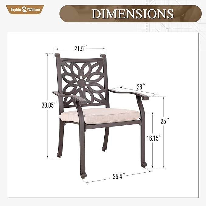 Sophia & William 2 Pieces Cast Aluminium Patio Dining Chairs Bronze with Cushions, Oversize Powder-Coating Outdoor Armchairs for Porch Yard Deck Balcony, Load Capacity Up to 350 lbs