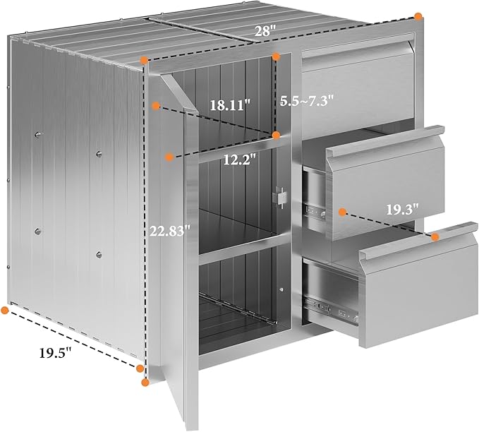 Jocisland Outdoor Kitchen Drawers 28" W×23" D×23" H Stainless Steel Drawers for Outdoor Kitchens, 3-Tier Cabinet & 3-Drawer Combo, Built-in BBQ Island Storage