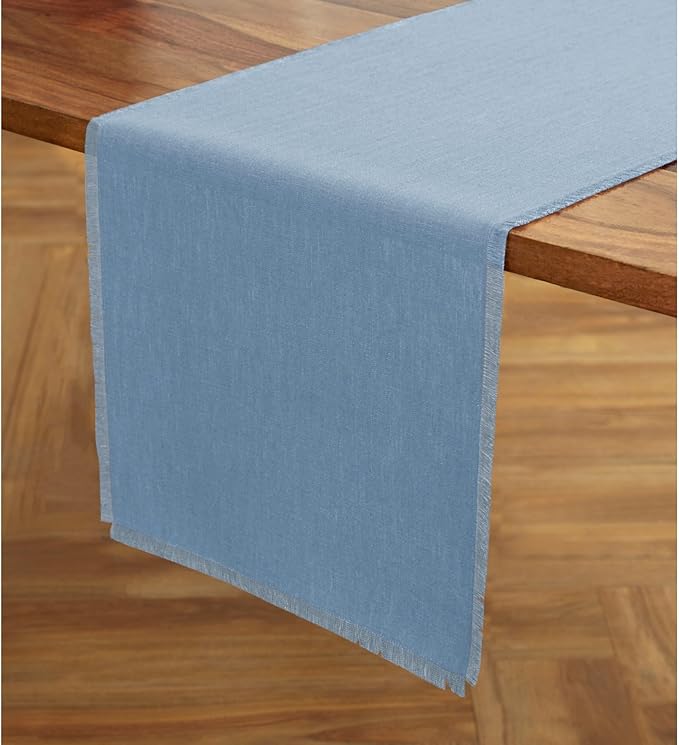 Solino Home Linen Dusty Chambray Blue Table Runner 108 Inches Long - Fringe, 100% Pure Linen 14 x 108 Inch Table Runner for Winter, Spring, Easter