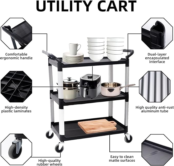 Matthew Plastic Large Utility Carts with Wheels,Heavy Duty 400lbs Capacity Rolling Service Cart,3-Tier Restaurant Food Cart with Hammer for Office,Warehouse,Garage - 2 Handles Black 41"H x 38"W x 20"D