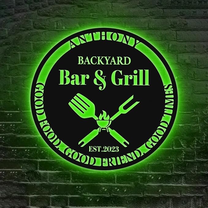 Custom Backyard Bar & Grill Sign - Personalized LED Light Up BBQ Sign, Barbecue Metal Wall Art, Neon Grill Decor for Patio, Man Cave, Home Bar