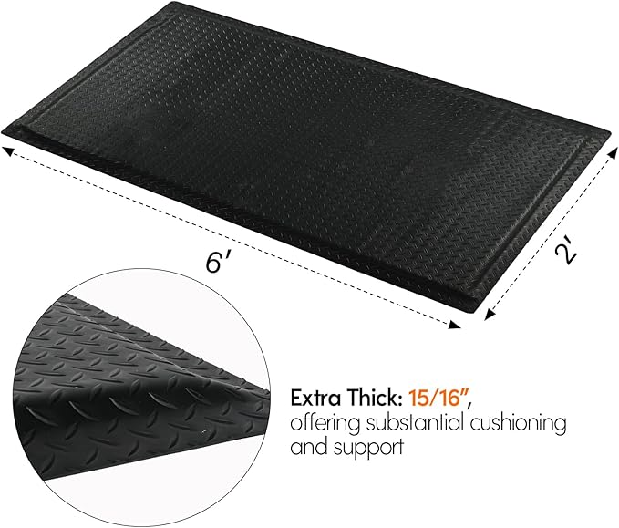 Nisorpa Anti Fatigue Mats Industrial 2' x 6' Ergonomic Standing Mat 15/16" Extra Thick Kitchen Rugs for Standing Heavy Duty Commercial Diamond Plate - Safety Support for Leg & Back Pain, Black