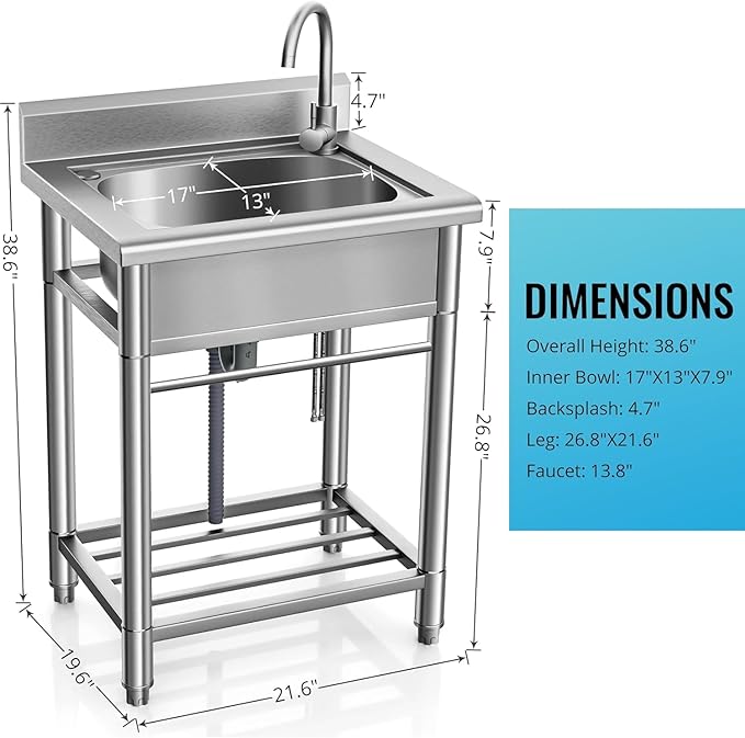 Utility Sink Free Standing Single Bowl Kitchen Sink with Cold and Hot Water Pipe Stainless Steel Sink for Laundry Room Bathroom Farmhouse
