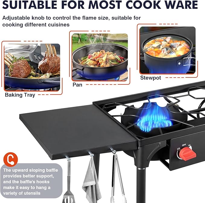Llamaviva 2 Burner Gas Stove, Propane Outdoor Stove with Side Shelves, Removable Legs & Regulator, 150,000 BTU Propane Burners for Outdoor Cooking, Camping & BBQ Cookouts