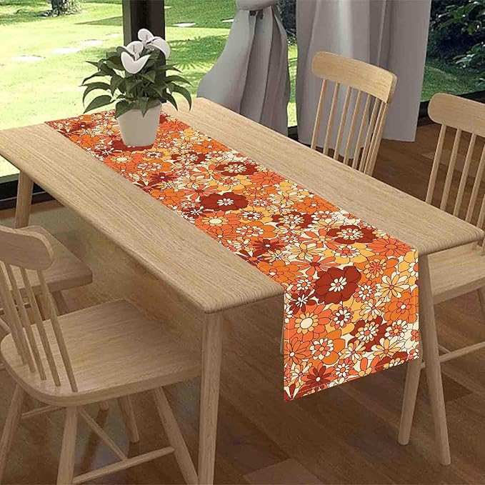 Orange Floral Table Runner, Retro Groovy 70s Hippie Floral Funky Cute Flower Trippy Coffee Table Center Decor for Home Kitchen Dining Patio Holiday Party Indoor Outdoor Table, 13"x108" Inch