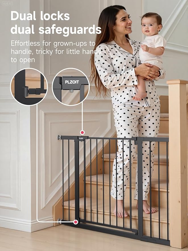 29.5-46" Extra Wide Baby Gate for Stairs, Dog Gate for Doorways, Walk Thru Auto Close Metal Pet Gate for The House, Stairs and Doorways Child Gate Pressure Mounted Safety Gate Indoor - Black