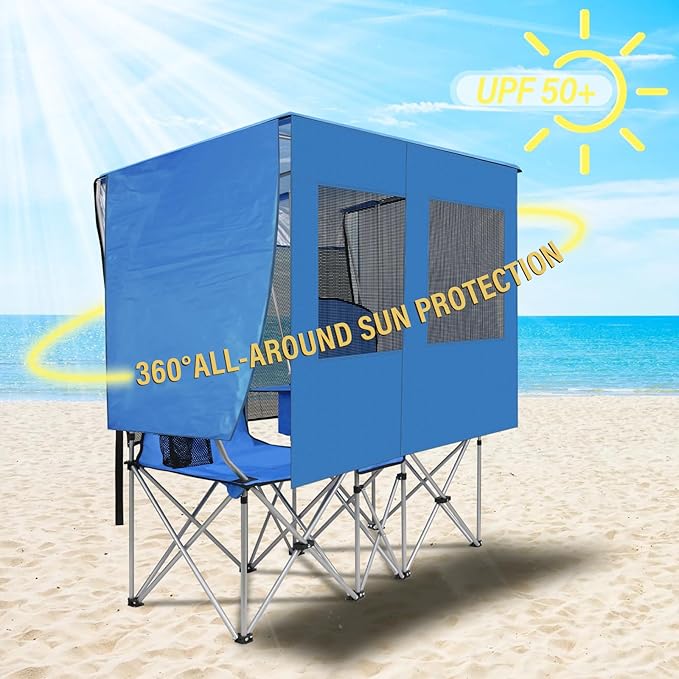 BESTHLS Double Camping Chair with Canopy Shade - Heavy Duty 600D Outdoor Loveseat for Adults, 2-Person Beach Chair with Umbrella, Folding Camp Loveseat for Fishing, Sports, Patio (Blue)