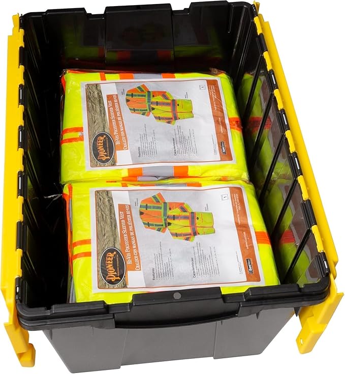 Akro-Mils KeepBox 12 Gallon Storage Container, Nesting and Stackable Plastic Storage Box with Lid Attached, Organizer Tote for Garages, Closets, Moving, 21-1/2" x 15" x 12-1/2", Black/Yellow, 6-Pack