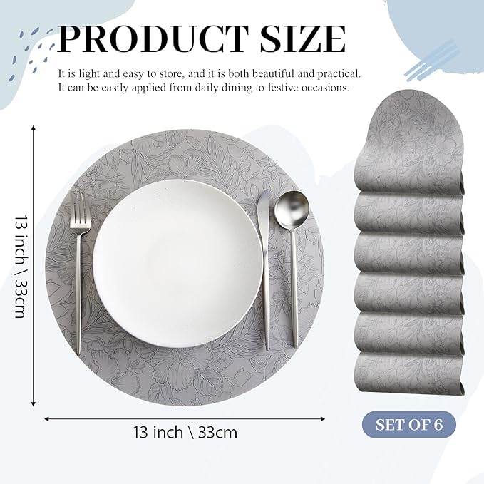 13'' Round Placemats Set of 6, PU Leather Table Mats, Non Slip Heat Resistant Waterproof Oilproof Washable Protective Wipeable for Dining Table, Kitchen, Party Decoration Indoor Outdoor, Gray
