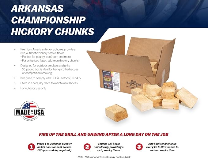 MARSHALLTOWN Arkansas Championship Hickory Chunks, 10 Pound Box of Genuine American Hickory Smoker Chunks, HCKCHNK10