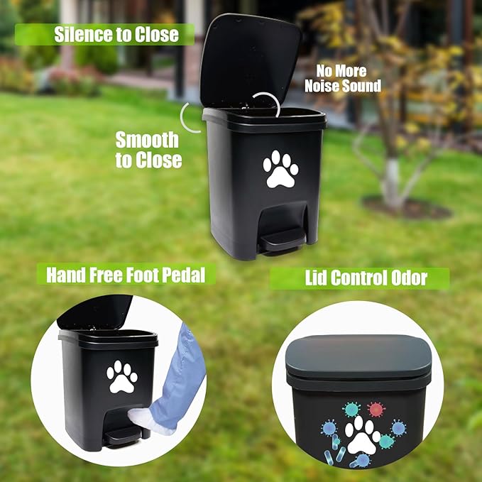 Tebiete Dog Poop Trash Can Outdoors Pet Waste Station with Lid Hands-Free Pedal Garden Yard Home with 100pc Waste Bags, Black