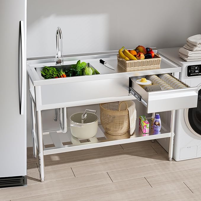 WOEDEN 39" 304 Stainless Steel Utility Sink, Free-Standing Commercial Sink with Workbench, Drawer Storage & Hot/Cold Water Pipes for Laundry, Farmhouse & Outdoor Use