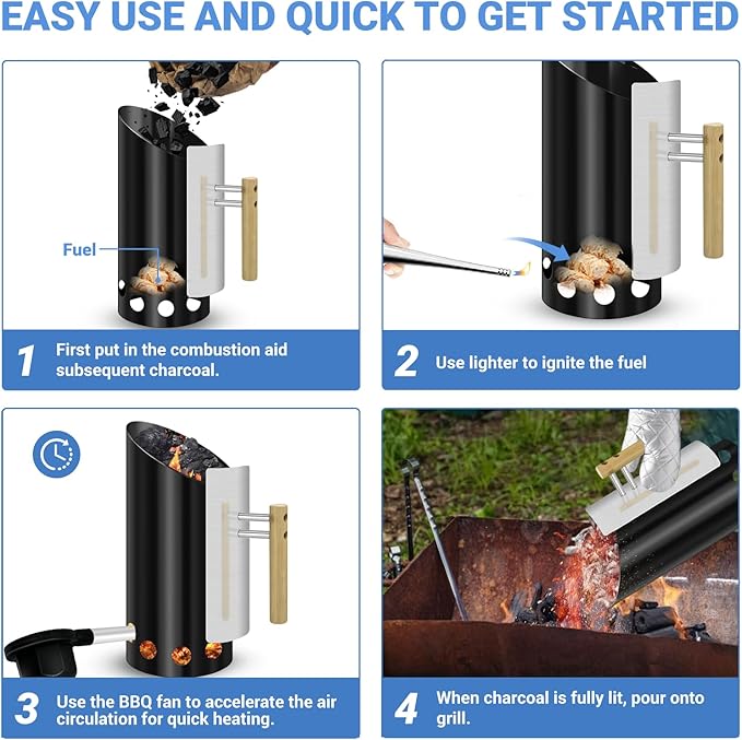 Charcoal Chimney Starter with Doubel Air Volume BBQ Fan and Insulation Gloves Set,Double Enameled Chimney Starter for Charcoal Grill with Wood Handle Insulation and Easy Grip