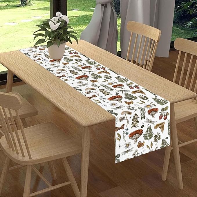 Mushroom Table Runner, Rustic Farmhouse Forest Plants Botanical Country Coffee Table Center Decor for Home Kitchen Dining Patio Holiday Party Indoor Outdoor Table Decorations, 13"x90" Inch