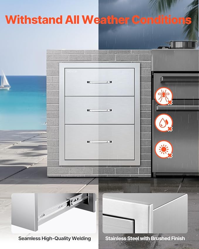 VEVOR Outdoor Kitchen Drawers 18.11" W x 23.23" D x 23.23" H, Triple-Access Stainless Steel BBQ Drawers with Handles, BBQ Island Drawer for Outdoor Kitchens or Barbeque Island Patio Grill Station