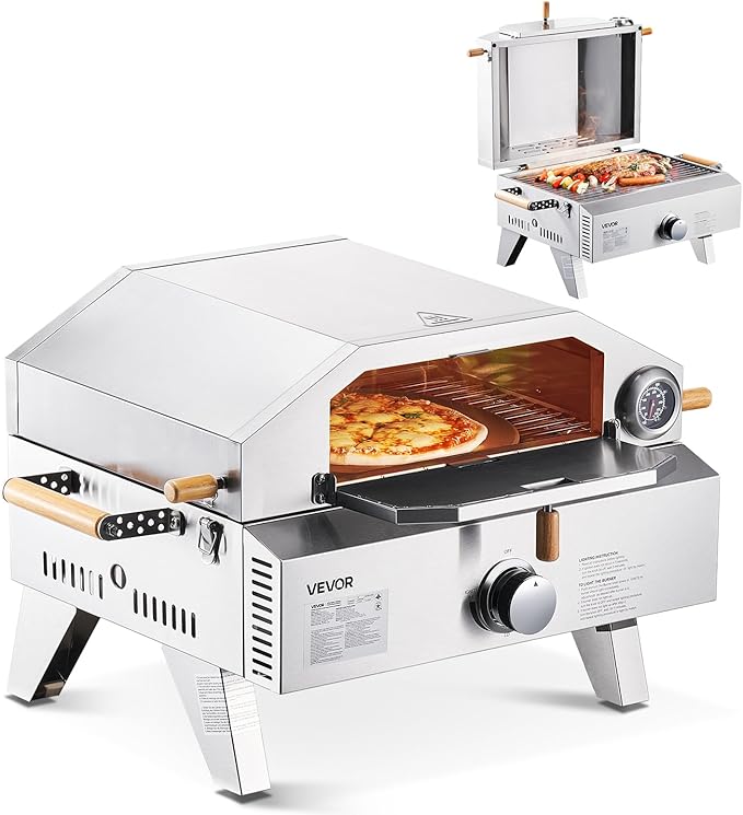 VEVOR 2 IN 1 Outdoor Pizza Oven, 13 in Propane Pizza Oven & Grill, 12,000 BTU Tabletop Propane Gas Oven with Pizza-Stone, Thermometer, Stainless Steel Portable Grill, for Camping & Backyard