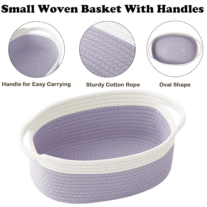 Gift Basket with Gift Bag and Ribbons,Small Rope Woven Shelf Storage,Baskets for Gifts Empty,Birthday,Baby Shower,Decorative Organizer Box with Handles(White&Purple)