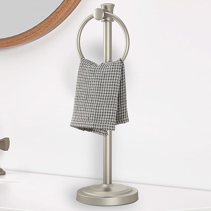 Hoimpro 17 Inch Stand Hand Towel Holder Towel Bar Towel Hanging Ring, Free Standing Floor Hand Towel Rack Storage for Bathroom Kitchen Vanity Countertops, Hardware Accessories(Brushed Nickel)