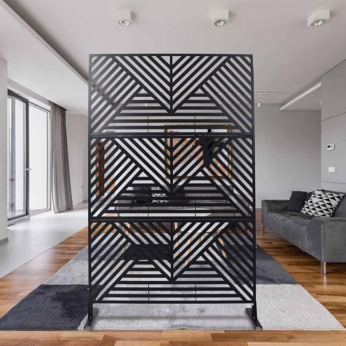 Outdoor Privacy Screen with Geometric Design – Metal Decorative Panel, Freestanding Partition, Weather-Resistant, 76"x48" for Garden, Patio, Balcony, and Yard, Black