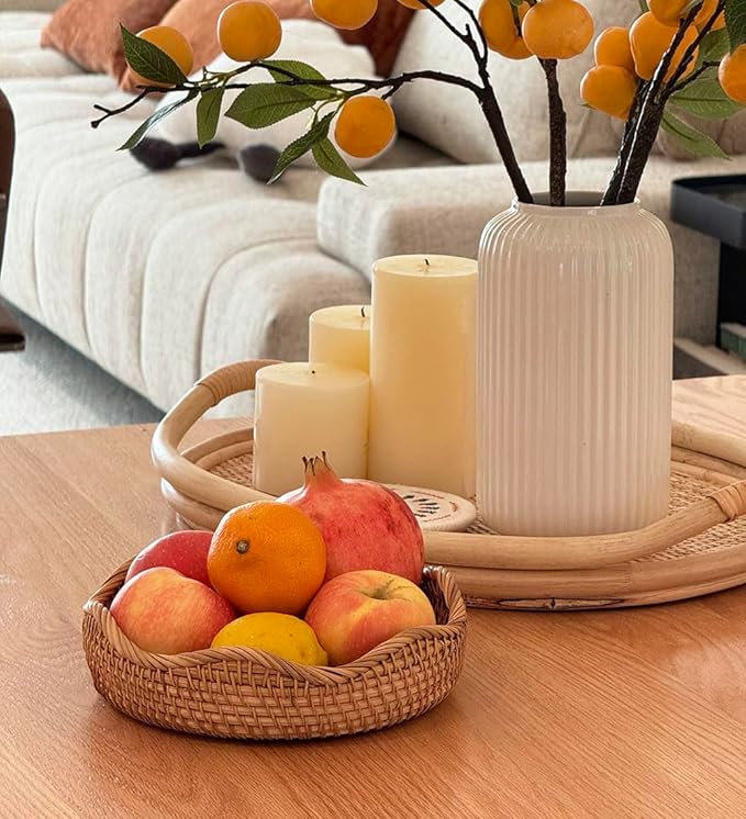 RT&BS Rattan Bread Baskets for Serving, Christmas Food Baskets, Handwoven Fruit Basket for Kitchen, Store, Restaurant, Outdoor, Party (M, Ø9.8 * 2.8'')