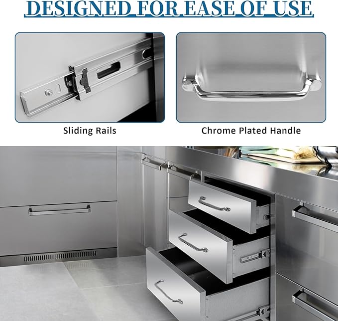 Outdoor Kitchen Drawers 20"Wx27"Hx23"D Flush Mount Access 3-Drawer BBQ Stainless Steel Drawers with Handle for Outdoor Kitchen Island or Grill Station